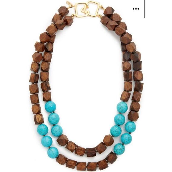 Kenneth Jay Lane Vintage Signed Hand KnotTwo Row‎ Wood Bead Turquoise Necklace - Picture 2 of 16